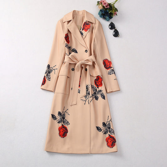 Lapel Three-grain Double-breasted Belt Long Trench Coat - iztia