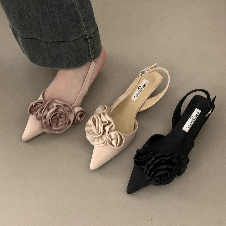 Spring And Summer Pointed French Flower Black Closed Toe Sandals Fairy Shoes - iztia