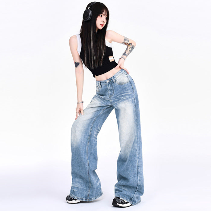 Mopping Loose Worn Looking Washed-out Denim Straight Wide-leg Pants - iztia