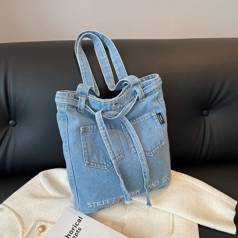 Washed Soft Denim Bag Letter Embroidery - iztia