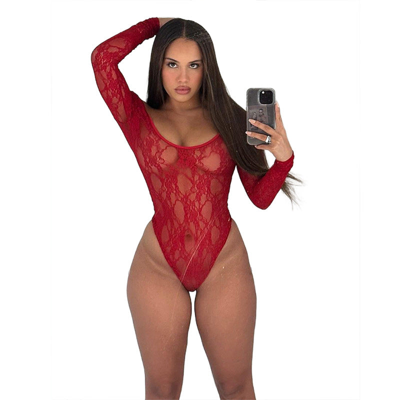 Women's Lace Crocheted U-neck See-through Tight Jumpsuit - iztia