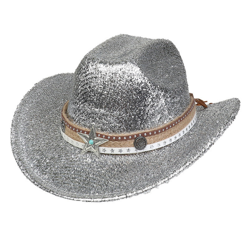 Festival Party Gathering Silver Western Denim Fedora Hat Felt - iztia