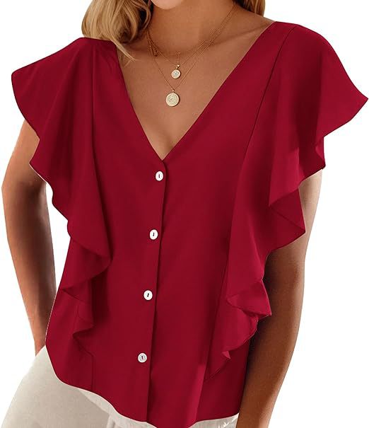 Women's Top Pleated Cover Ruffle Sleeve V-neck - iztia