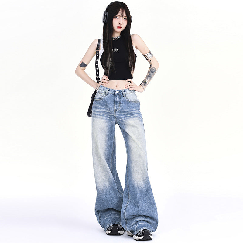 Mopping Loose Worn Looking Washed-out Denim Straight Wide-leg Pants - iztia