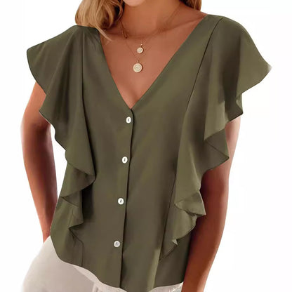 Women's Top Pleated Cover Ruffle Sleeve V-neck - iztia