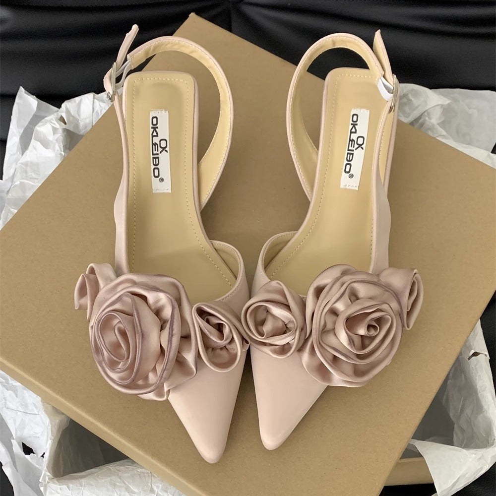 Spring And Summer Pointed French Flower Black Closed Toe Sandals Fairy Shoes - iztia