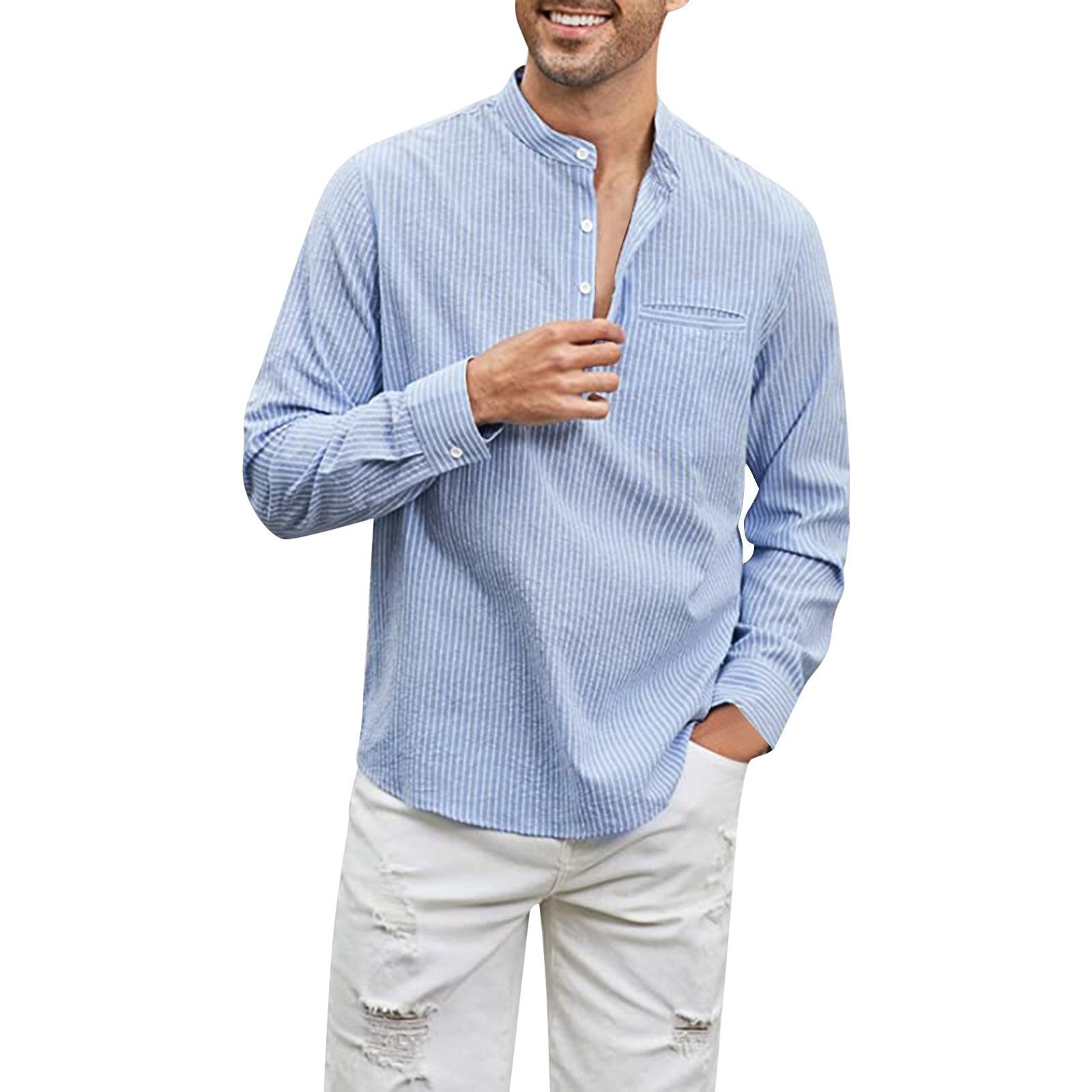 Cotton And Linen Men's Shirt Stand Collar - iztia