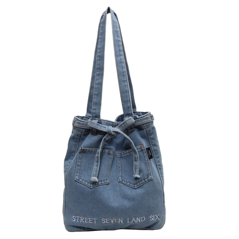 Washed Soft Denim Bag Letter Embroidery - iztia