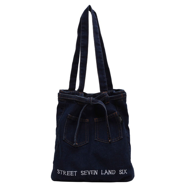 Washed Soft Denim Bag Letter Embroidery - iztia