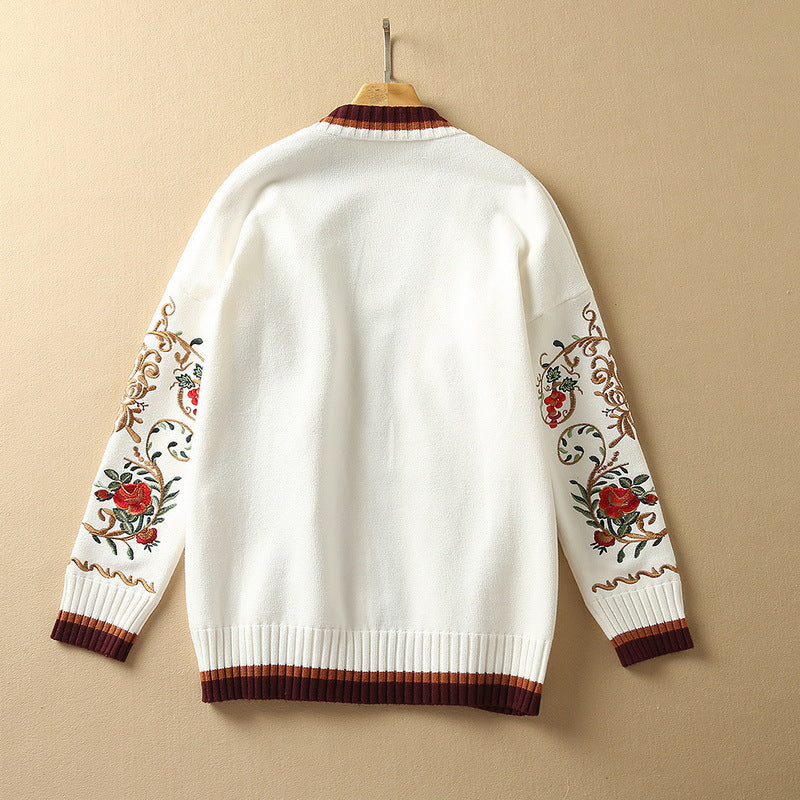 Machine Embroidery Long Sleeve Loose White Wool Sweater - iztia