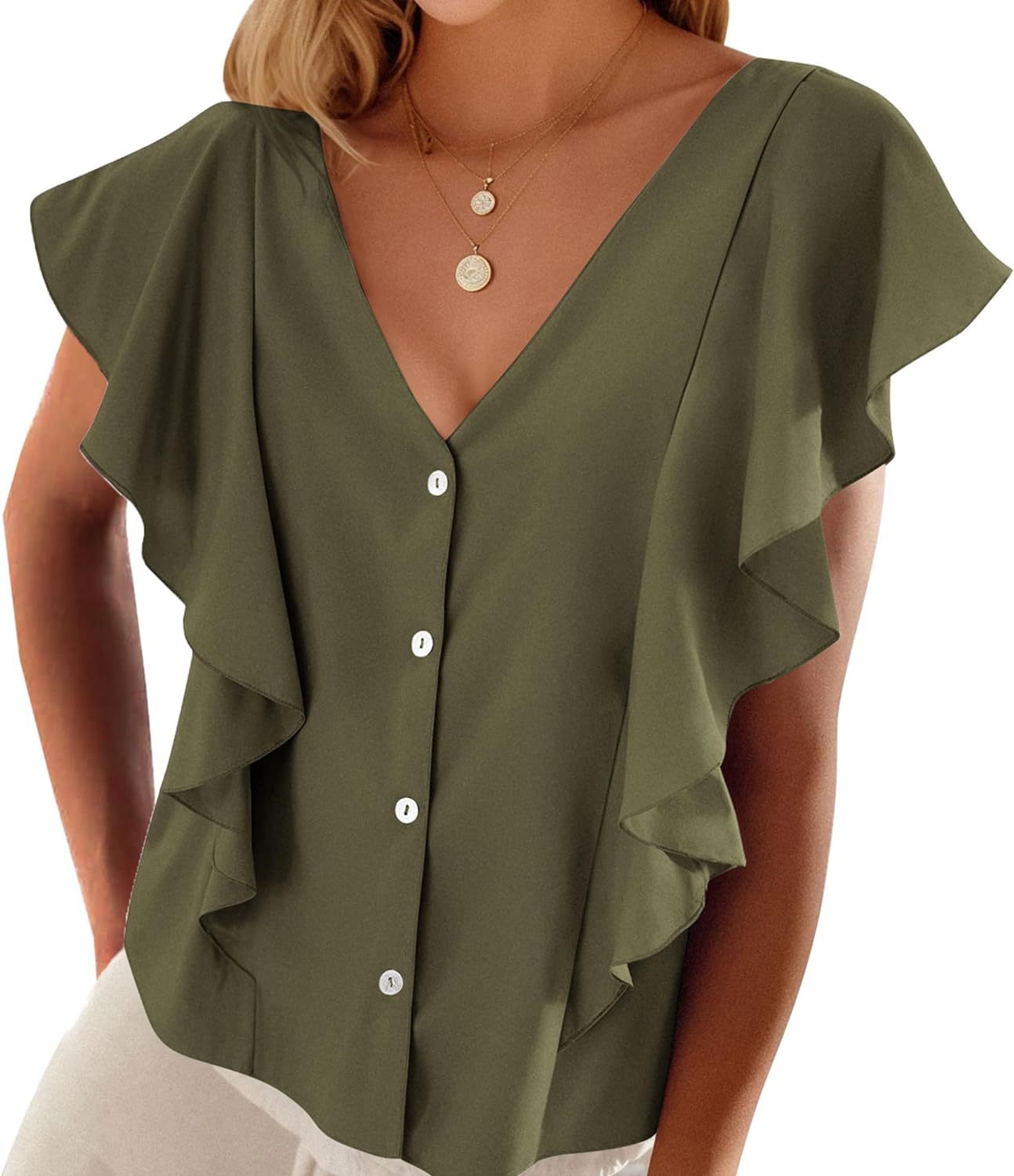 Women's Top Pleated Cover Ruffle Sleeve V-neck - iztia