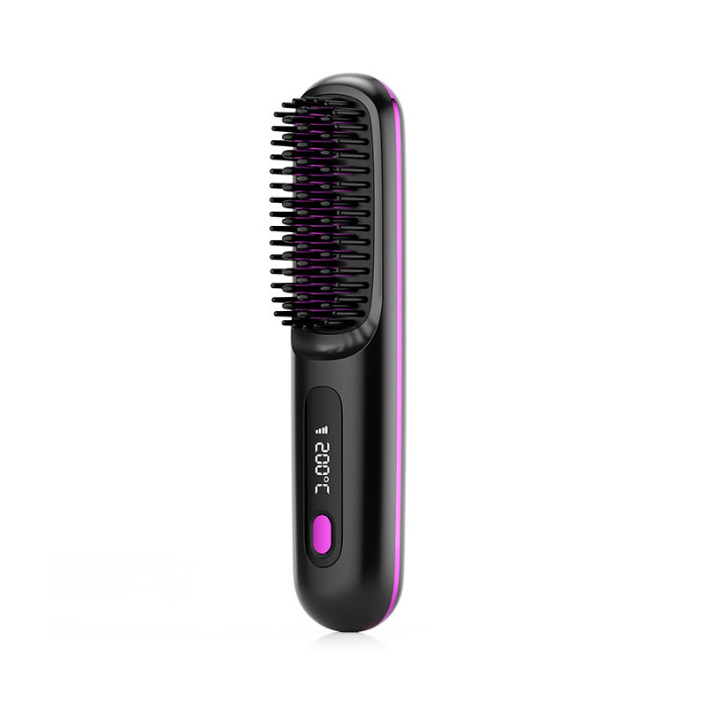 2 In 1 Straight Hair Comb Wireless Hair Straightener Brush Hair Fast Heating Portable Hot Curler USB Charging - iztia