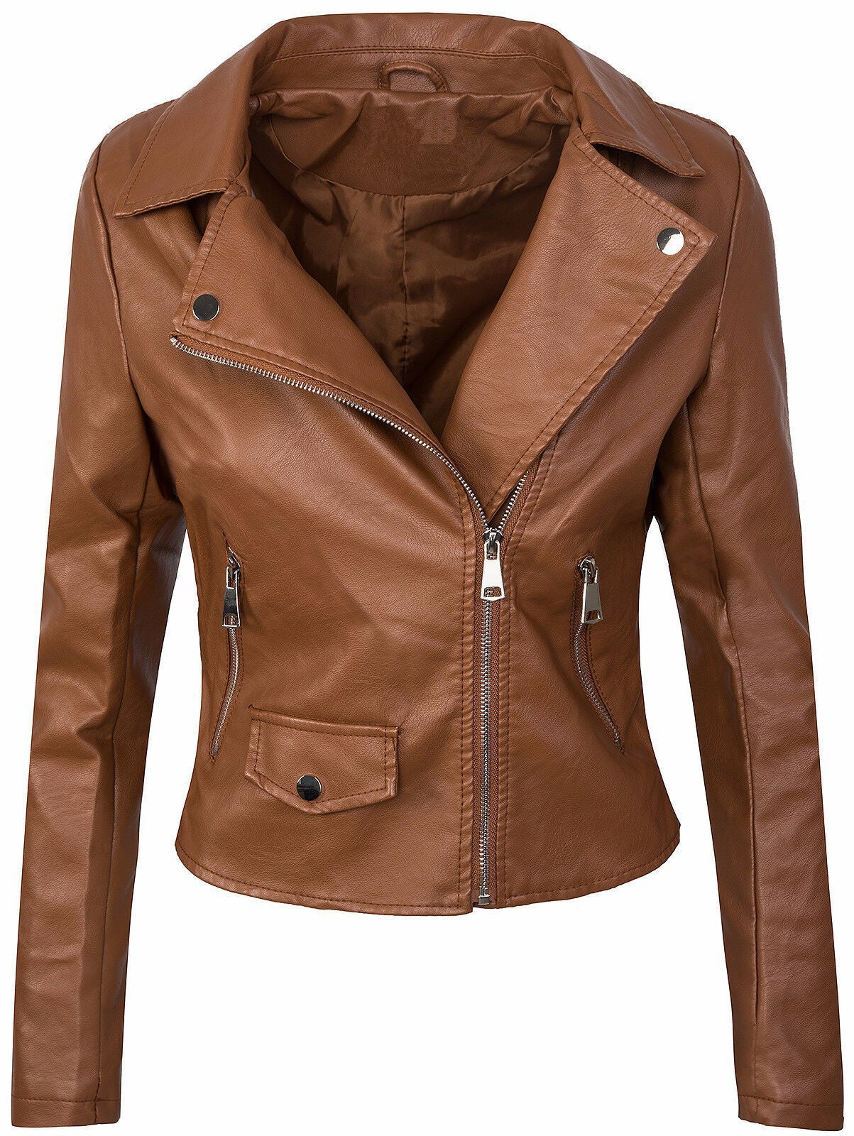 Women's Fall Winter Coat Slim PU Leather Short Zipper Leather Jacket Leather Coat - iztia