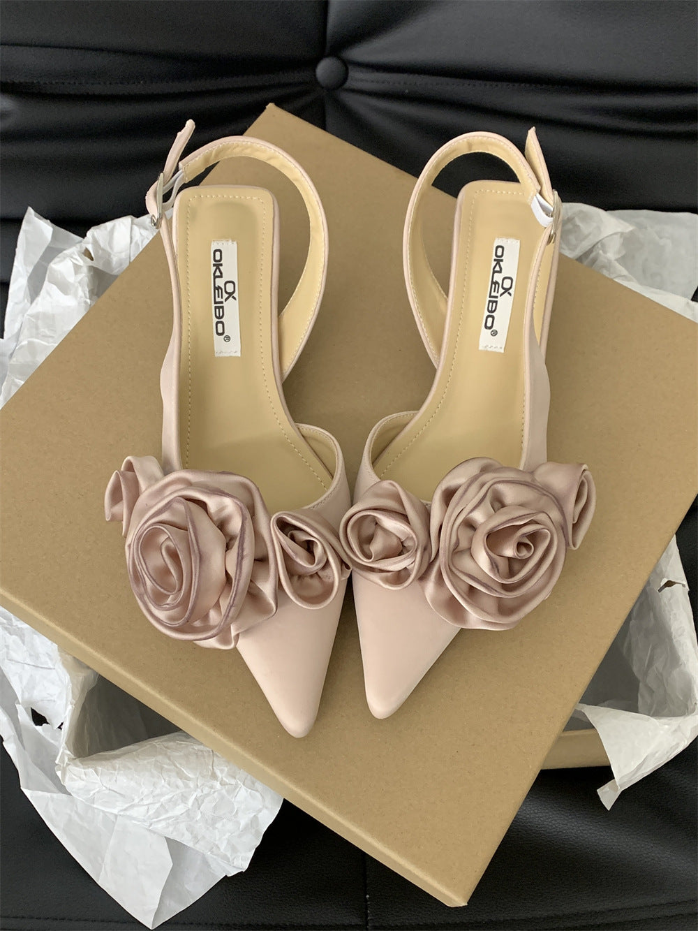 Spring And Summer Pointed French Flower Black Closed Toe Sandals Fairy Shoes - iztia