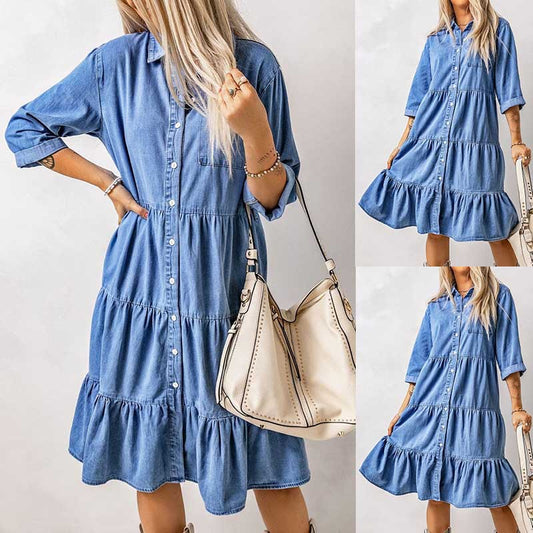 European And American Women's Clothing New Spring And Summer Dress Imitation Denim Button Shirt - iztia