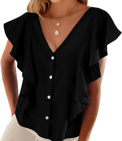 Women's Top Pleated Cover Ruffle Sleeve V-neck - iztia