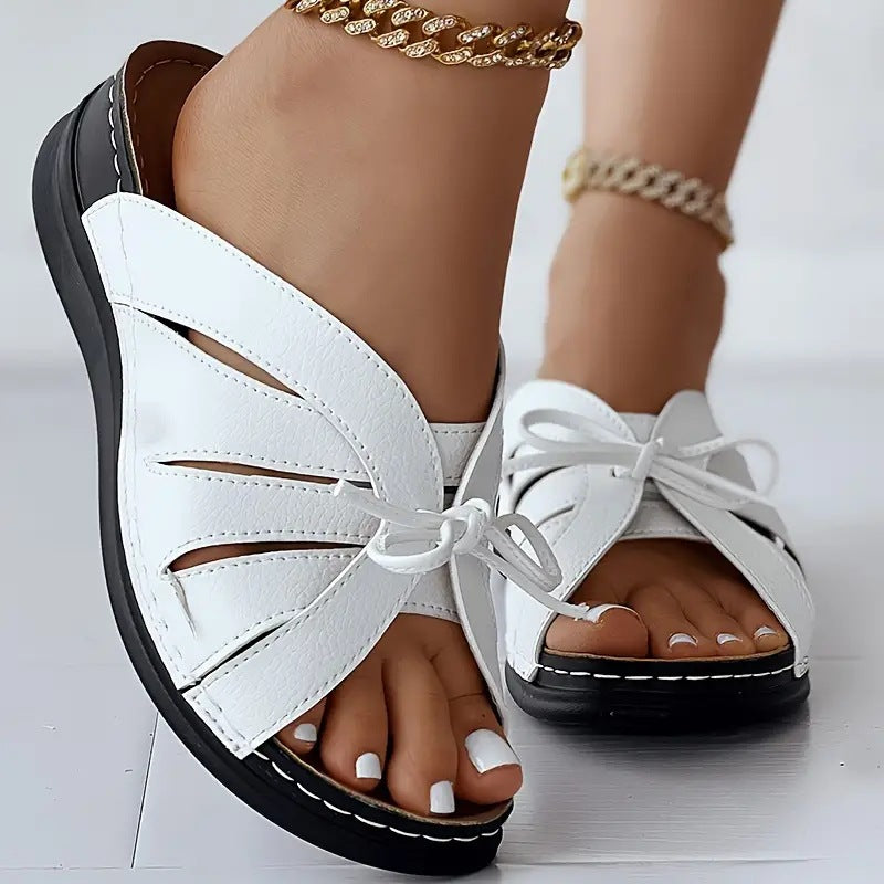 Plus Size Hollow-out Bow Flat Wedge Slippers - iztia