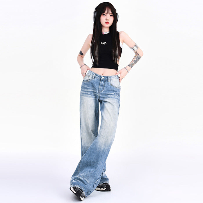 Mopping Loose Worn Looking Washed-out Denim Straight Wide-leg Pants - iztia