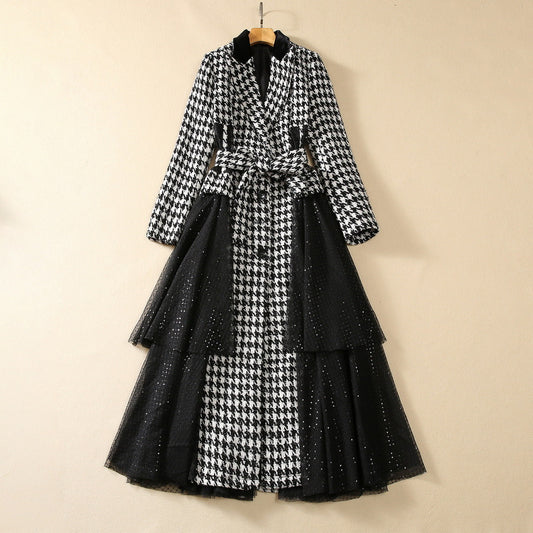 Houndstooth Stitching Sequins Tulle Skirt Style Coat Overcoat - iztia