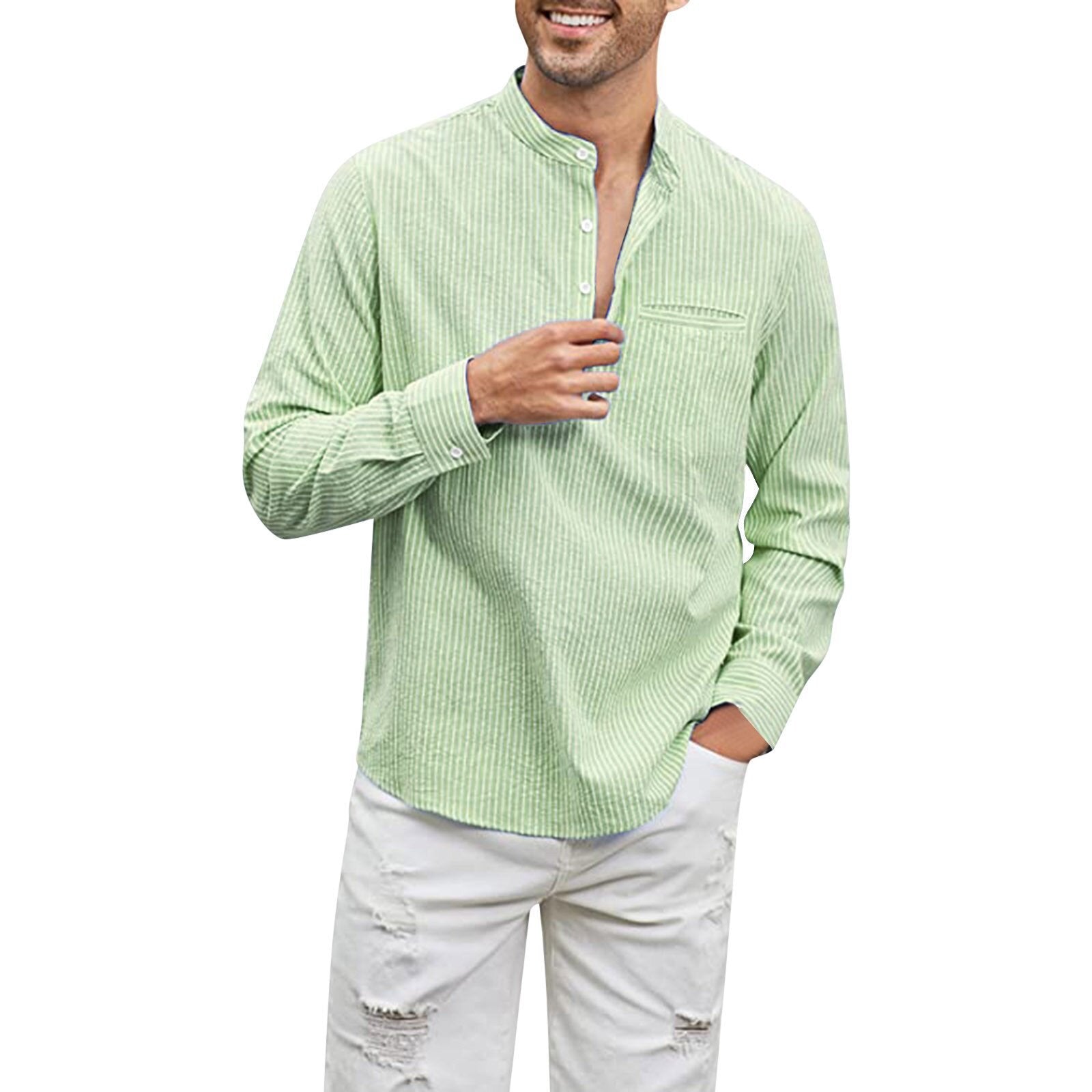 Cotton And Linen Men's Shirt Stand Collar - iztia