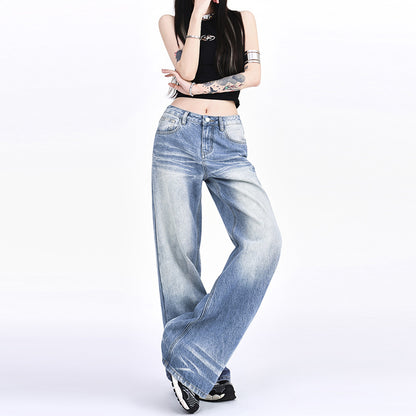 Mopping Loose Worn Looking Washed-out Denim Straight Wide-leg Pants - iztia