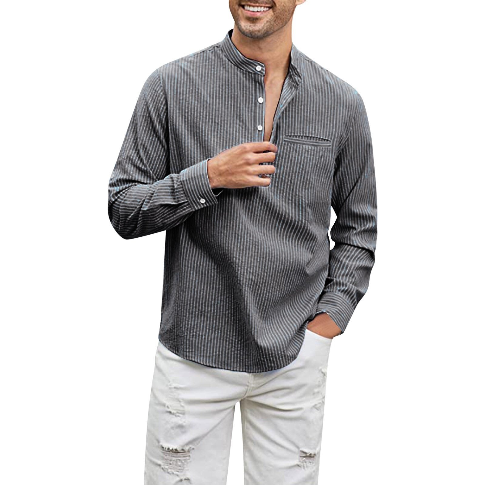 Cotton And Linen Men's Shirt Stand Collar - iztia