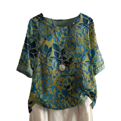 Women's Vintage Print Cotton And Linen Short Sleeve - iztia