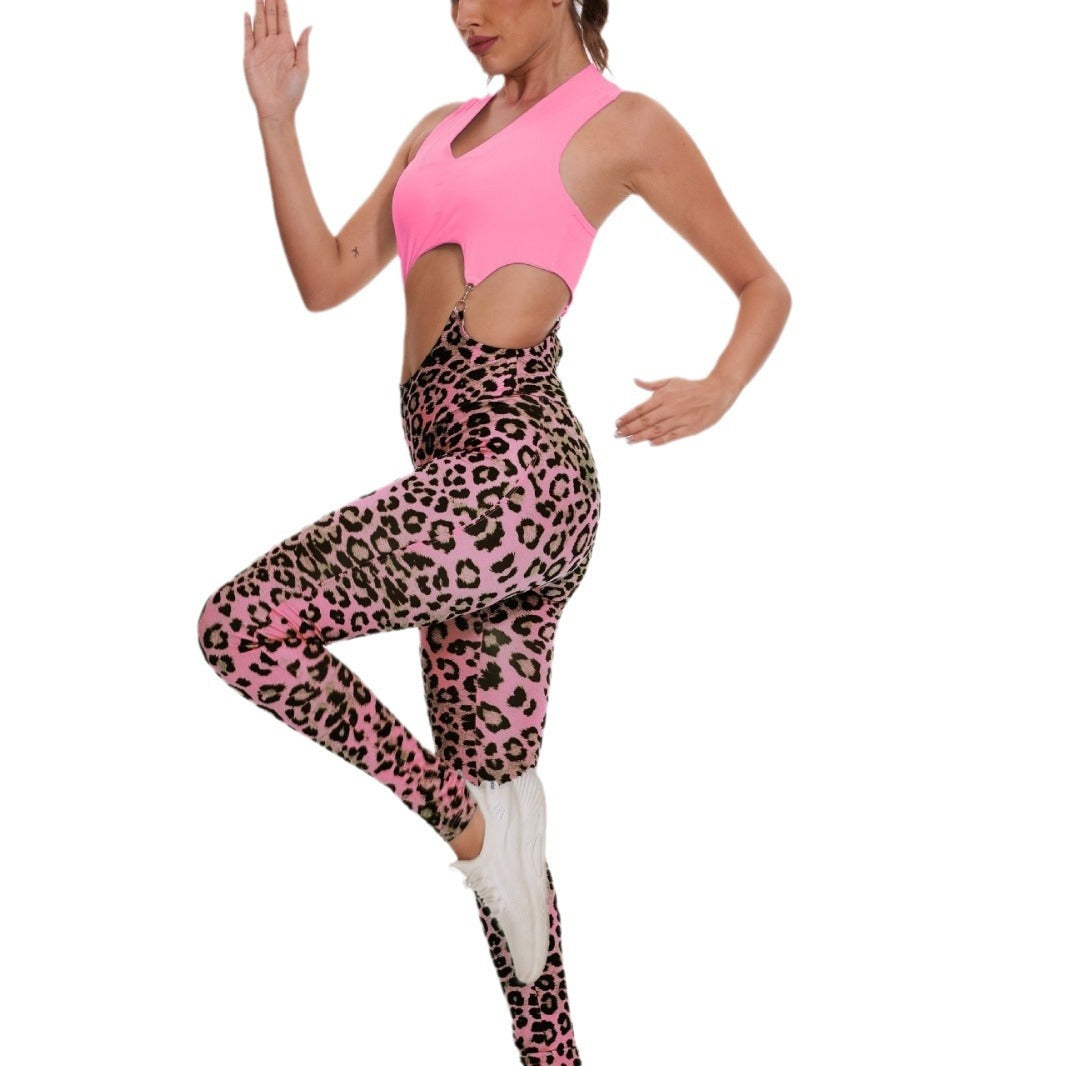 Hip Leopard Print Fitness Yoga Jumpsuit - iztia