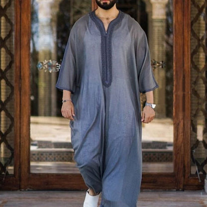 Thin Youth Linen Gray Cotton Linen Loose Casual Muslim Robe - iztia