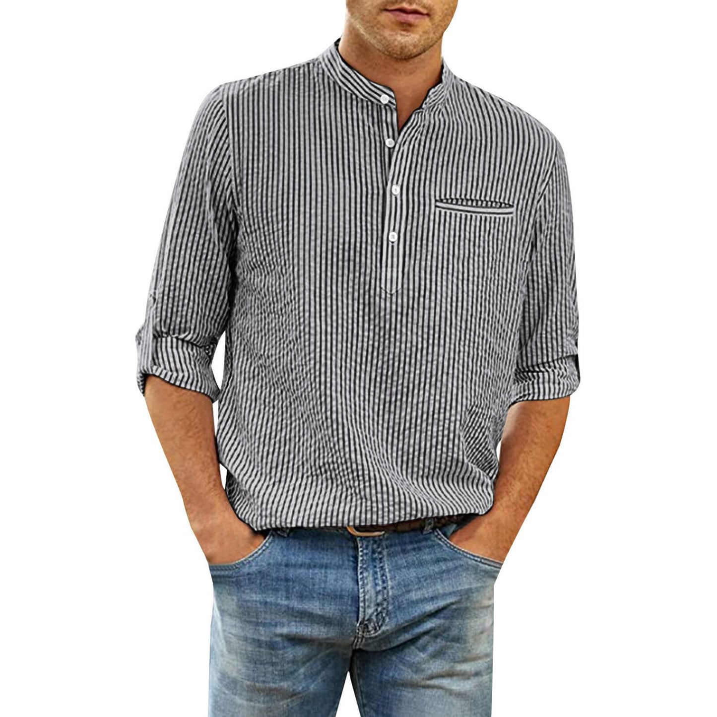 Cotton And Linen Men's Shirt Stand Collar - iztia