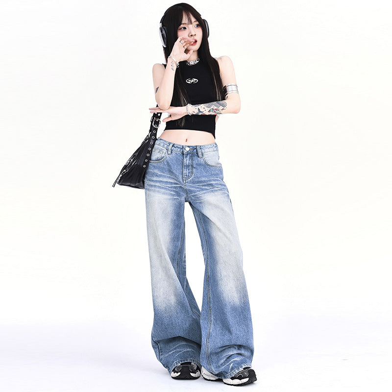 Mopping Loose Worn Looking Washed-out Denim Straight Wide-leg Pants - iztia