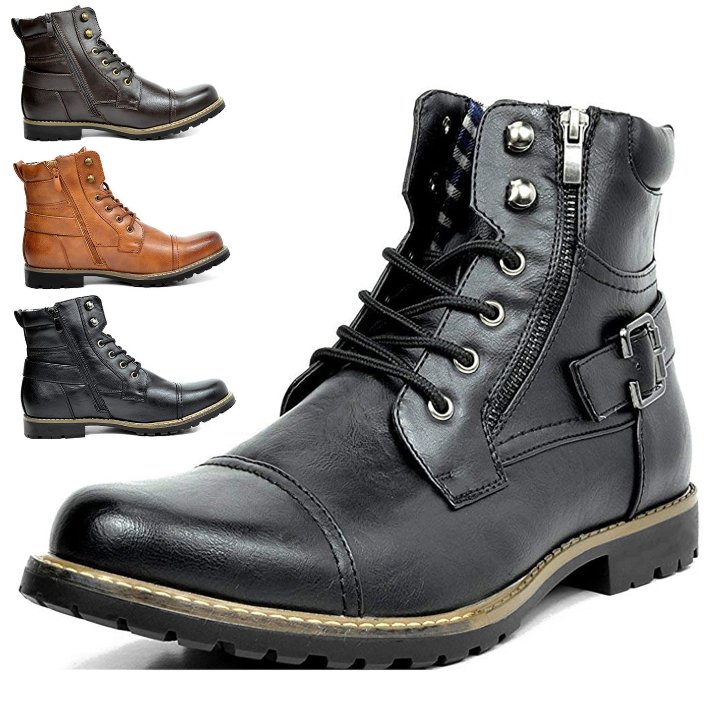 Men's Double Zipper Heavy Machine Leather Boots - iztia