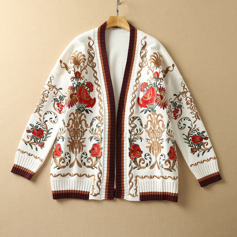 Machine Embroidery Long Sleeve Loose White Wool Sweater - iztia