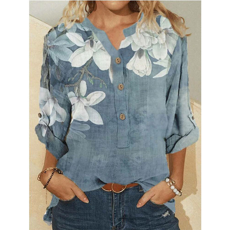 Female Flower Print Long Sleeve Shirt Top - iztia