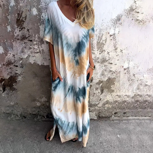 Women's Clothing Casual Loose Short Sleeves Tie-dye Dress - iztia