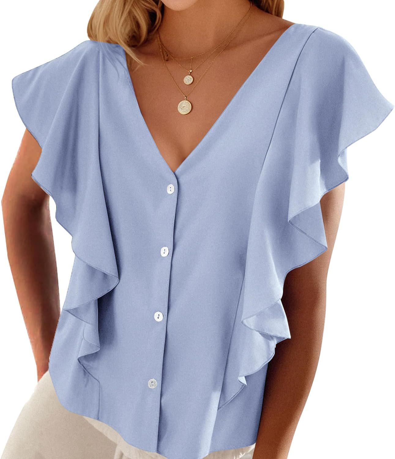 Women's Top Pleated Cover Ruffle Sleeve V-neck - iztia