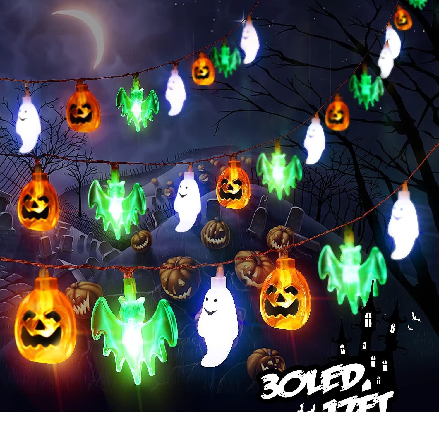 LED Halloween Pumpkin Spider Bat Skull String Light Lamp Home Garden Party Outdoor Halloween Decoration Lantern Light - iztia