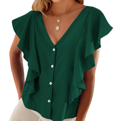 Women's Top Pleated Cover Ruffle Sleeve V-neck - iztia