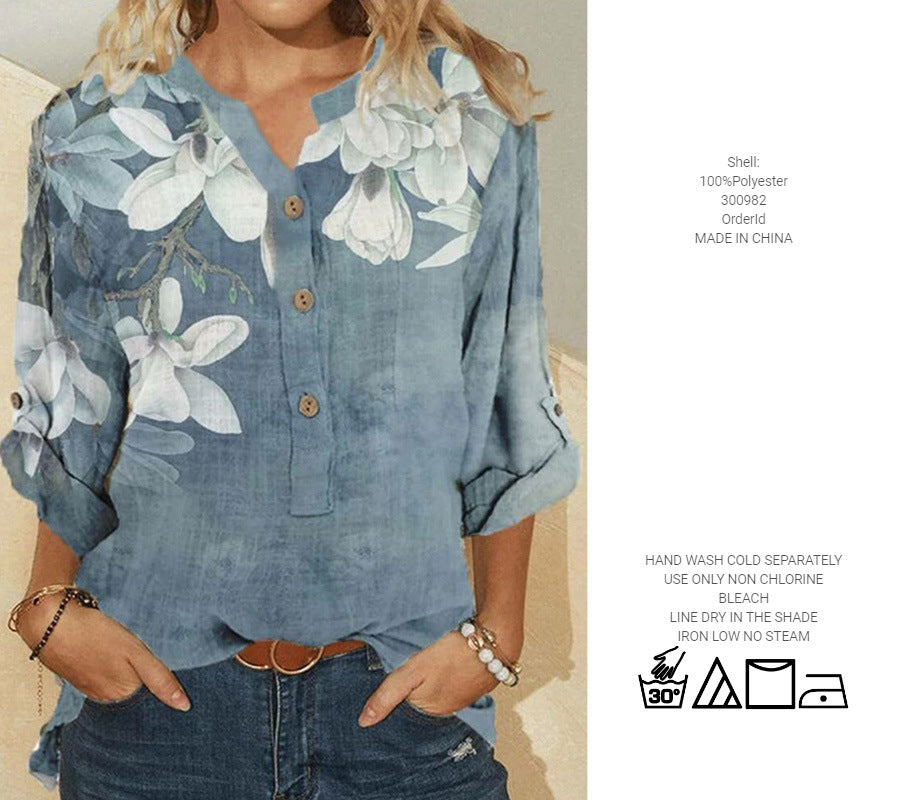 Female Flower Print Long Sleeve Shirt Top - iztia