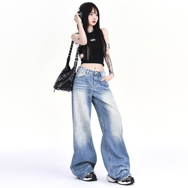 Mopping Loose Worn Looking Washed-out Denim Straight Wide-leg Pants - iztia