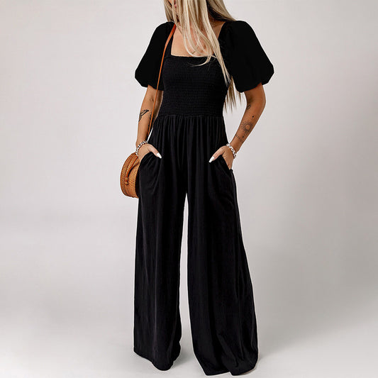 Women's Square Collar Short Sleeve Jumpsuit - iztia