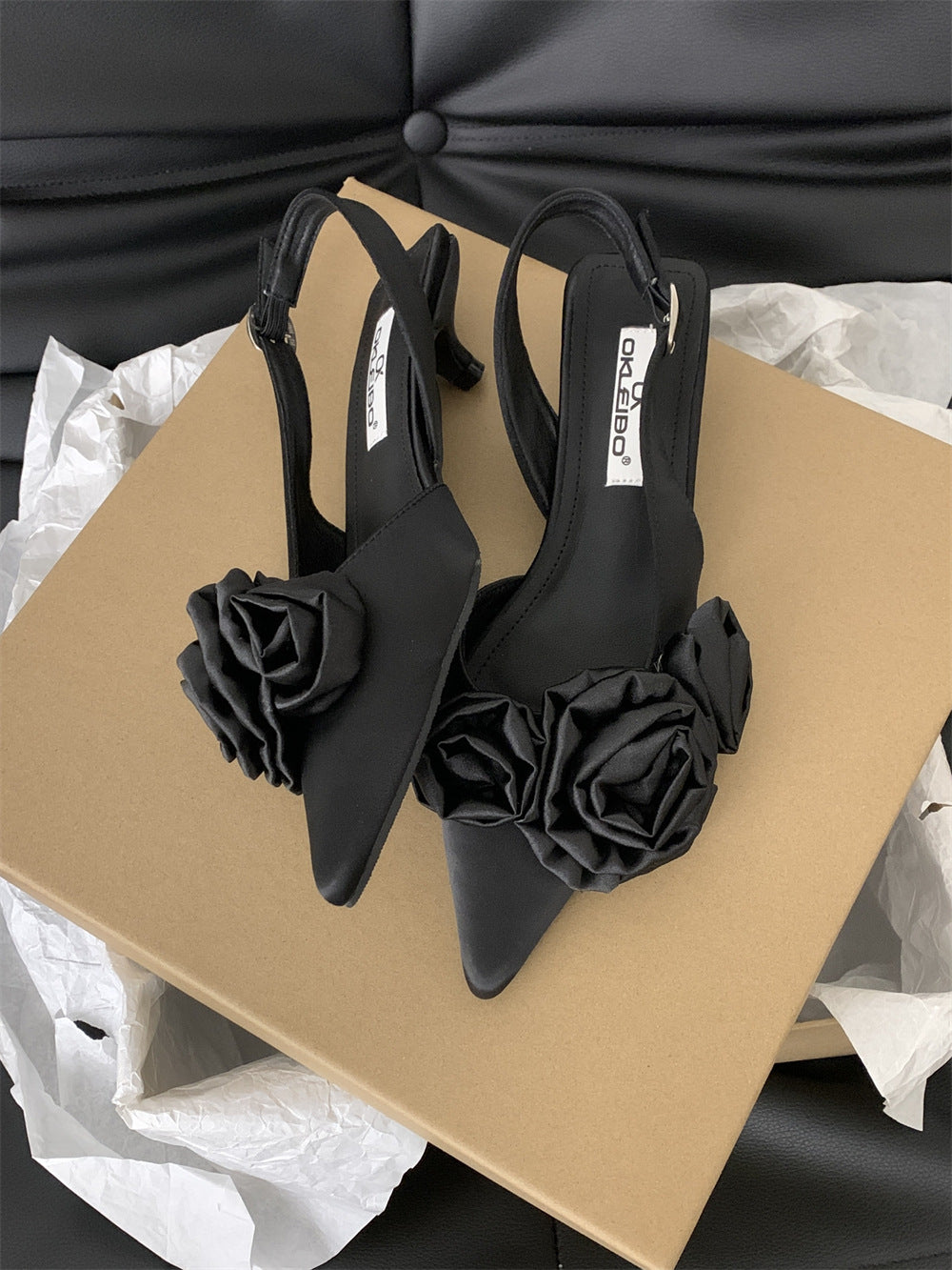 Spring And Summer Pointed French Flower Black Closed Toe Sandals Fairy Shoes - iztia