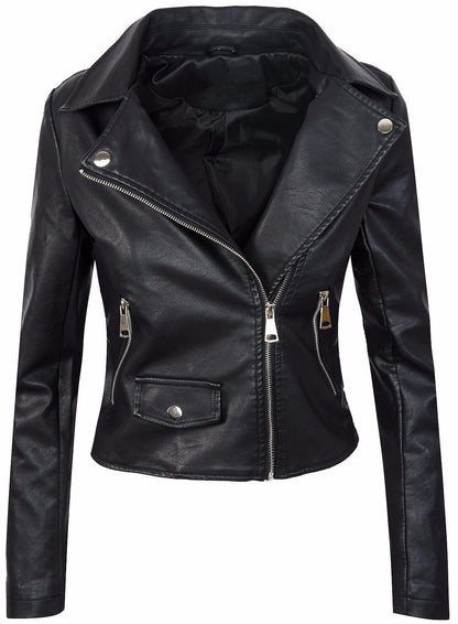 Women's Fall Winter Coat Slim PU Leather Short Zipper Leather Jacket Leather Coat - iztia