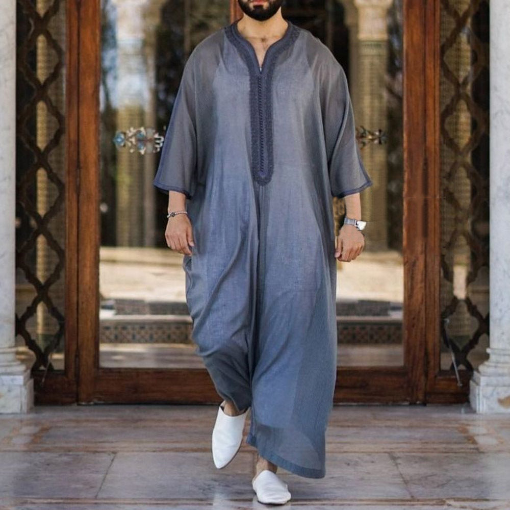 Thin Youth Linen Gray Cotton Linen Loose Casual Muslim Robe - iztia