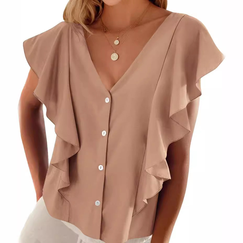 Women's Top Pleated Cover Ruffle Sleeve V-neck - iztia