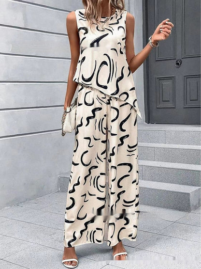 Sleeveless Irregular Vest Pants Fashion Printed Two-piece Suit - iztia