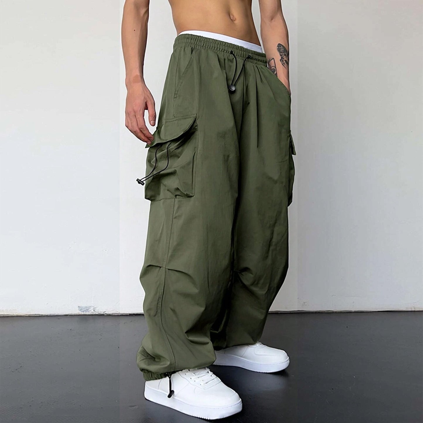 Nylon Quick-drying Overalls Men's Pants High Waist Wide Leg Leisure Drawstring - iztia