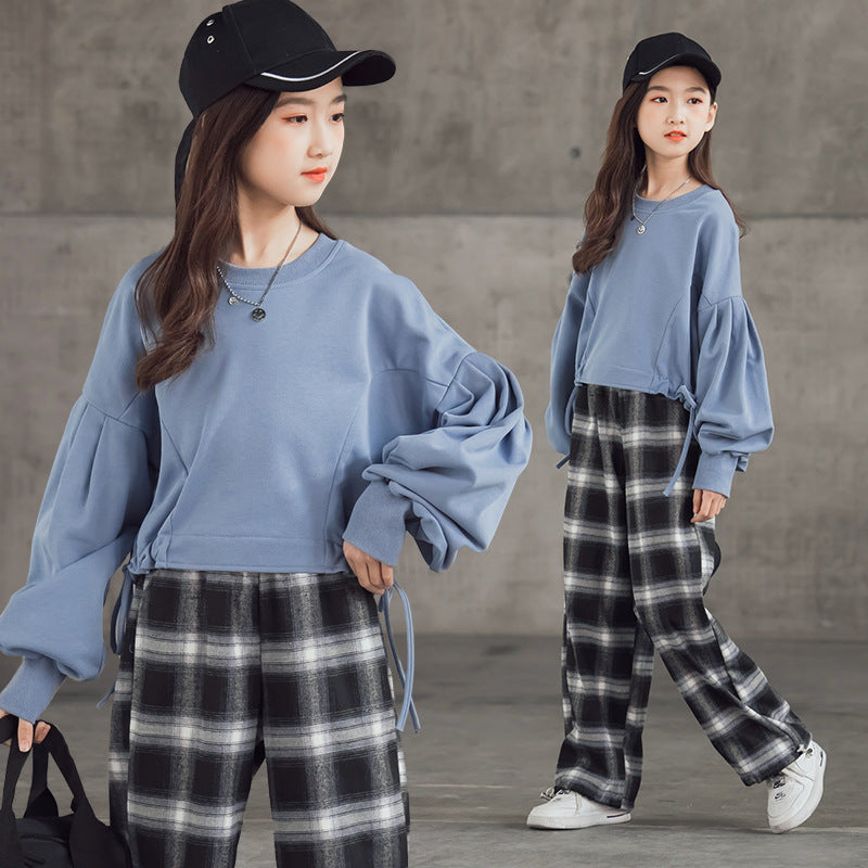 Girls' Suits Western Style Korean Children's Clothing Trendy Plaid Trousers Big Kids - iztia