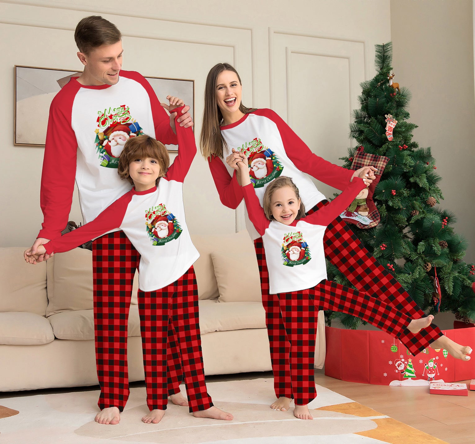 Christmas Parent-Child Clothes Set Long Sleeve T-Shirt Plaid Pants Family Matching Pajamas - iztia