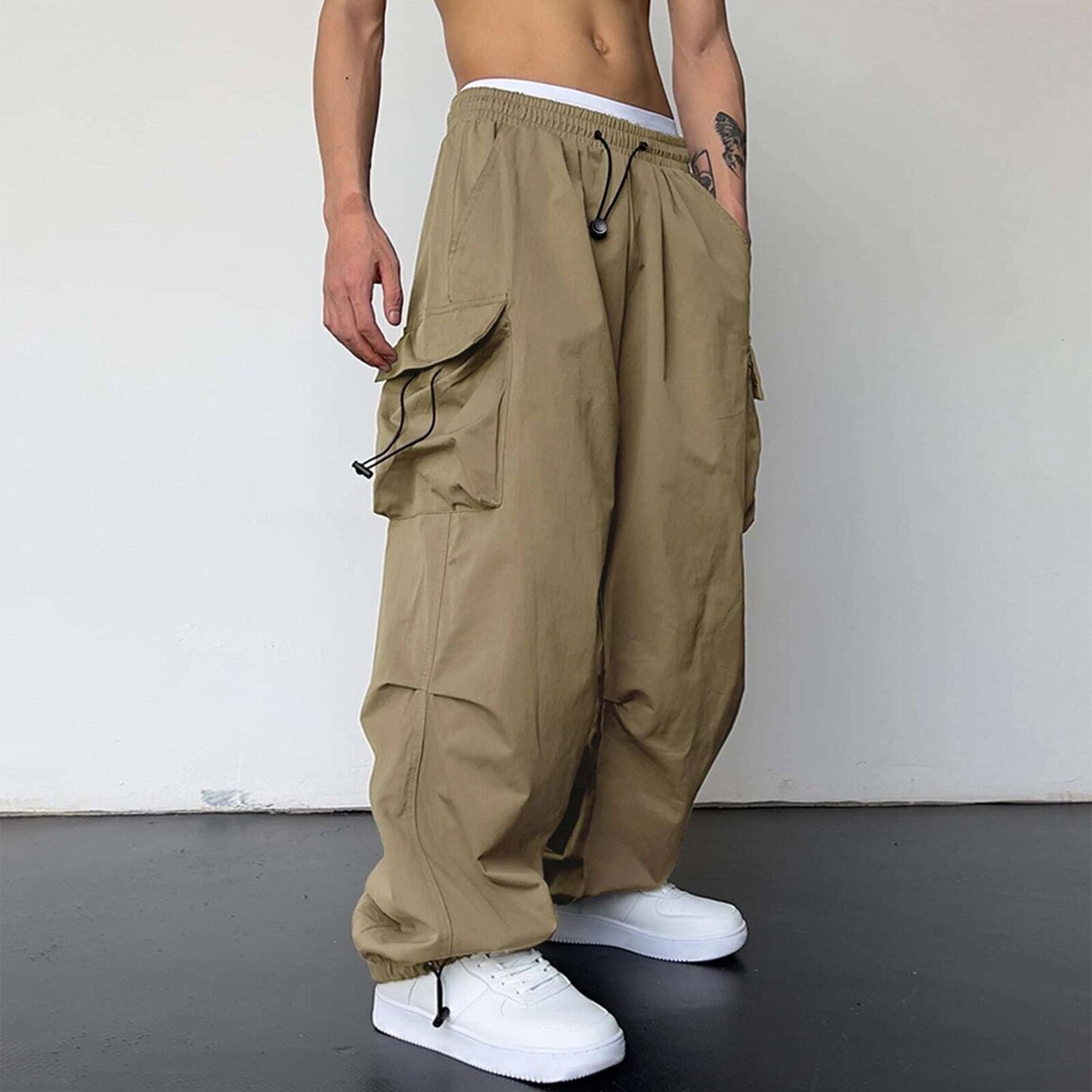 Nylon Quick-drying Overalls Men's Pants High Waist Wide Leg Leisure Drawstring - iztia